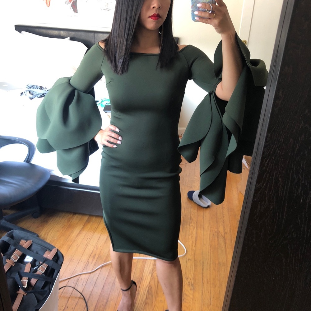 Dark green off the shoulder dress